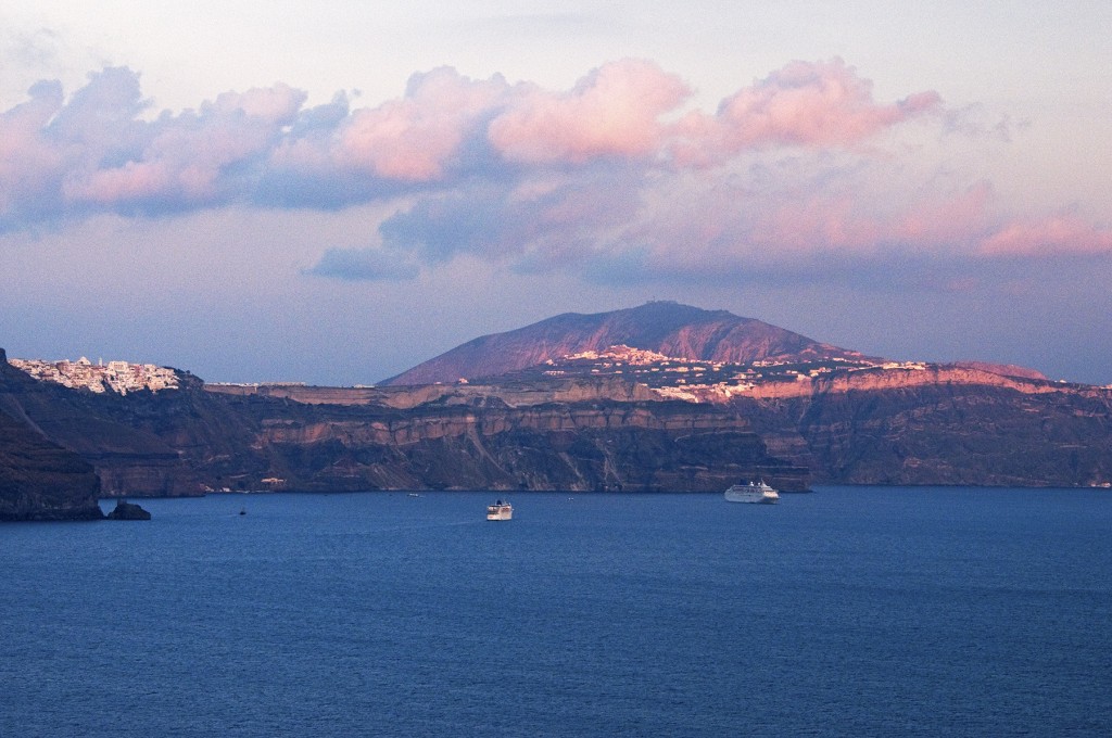 View of Santorini across Aegean Sea from Oia, Santorini, Greece
