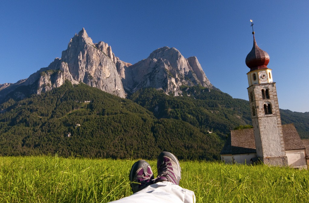 View of the Dolomites from meadow near Alpe di Siusi, Italy