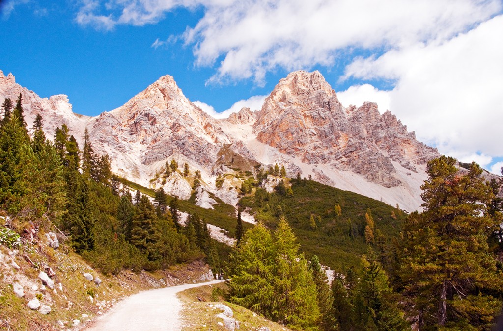 View of Fanes Dolomiti on hike to Fanes Refugio, near San Vigilio di Marebbe, Italy