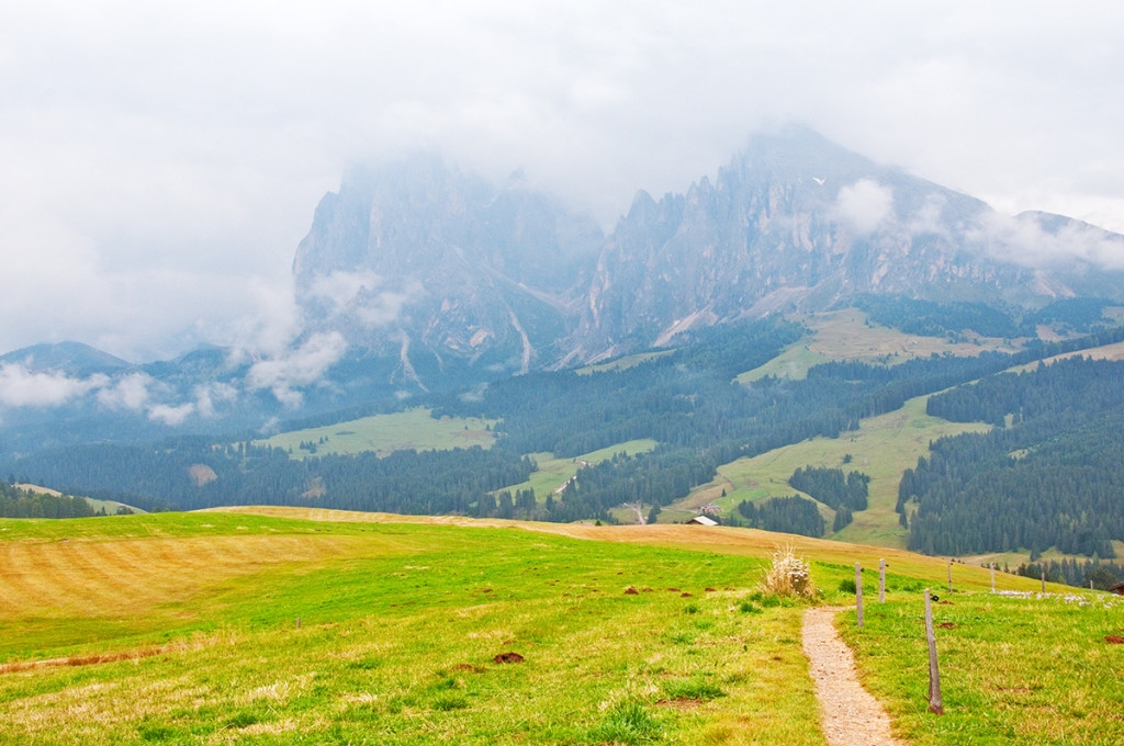Trail, valley and Plattkofel/Sasso Piatto and Langkofel/Sasso Lungo, Italy