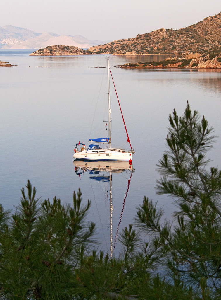 Sailboat moored in the cove of Bozburun, Turkey