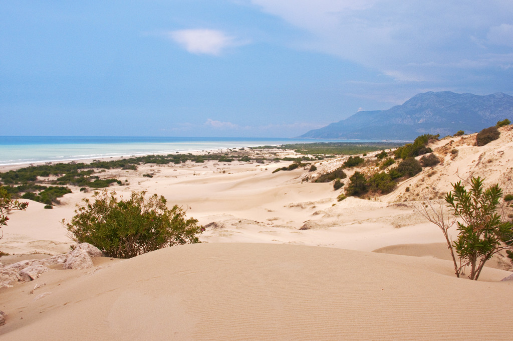 View across Patara sand dunes to Mediterranean Se and mountains, Patara, Turkey