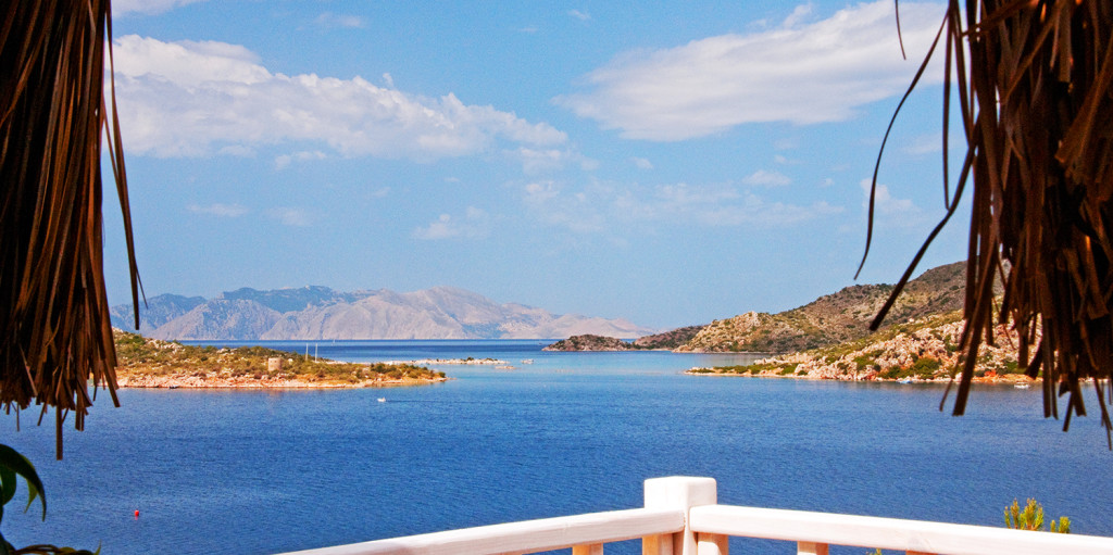 View from balcony of Karia Bel' Hotel to Aegean Sea and islands, Bozburun, Turkey