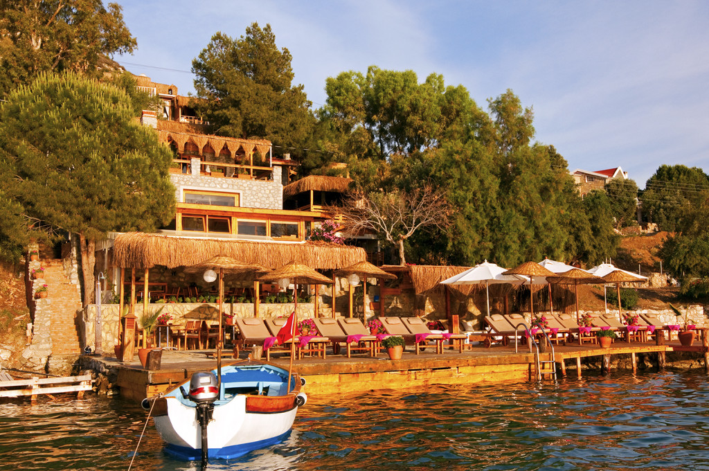 Karia Bel' Hotel from boat on Aegean Sea, Bozburun, Turkey