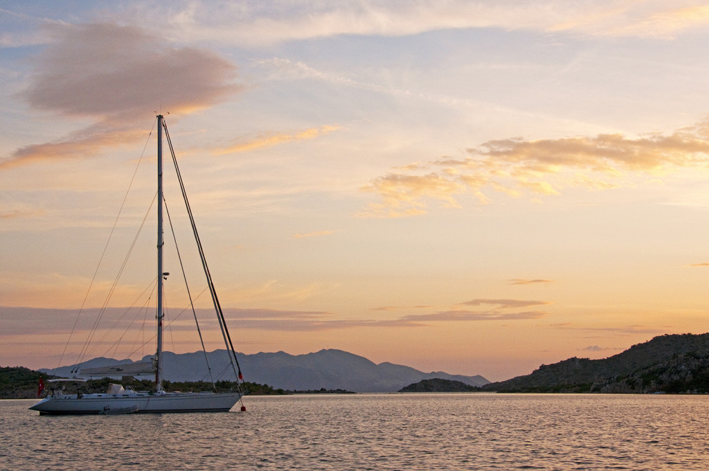 Sailboat on Aegean Sea, Bozburun, Turkey, sunset