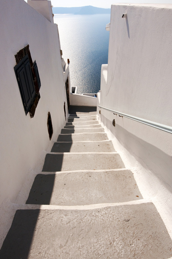Stairwasy leading down the Caldera of Fira, Santorini, Greece