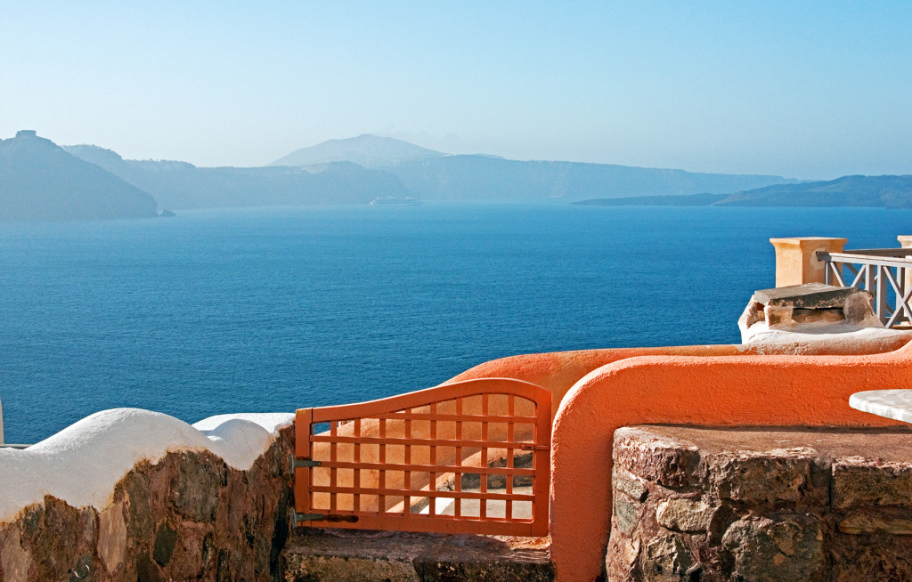 View of Aegean Sea and island of Santorini from cave house terrace, Oia, Santorini, Greece