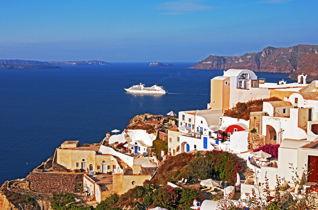 Caldera and cruise ship on the Aegean Sea, Oia, Santorini, Greece