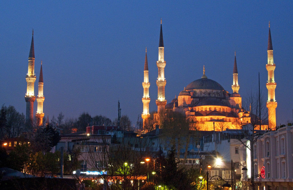 Blue Mosque from the terrace of the Erguvan Hotel, Istanbul, Turkey, night