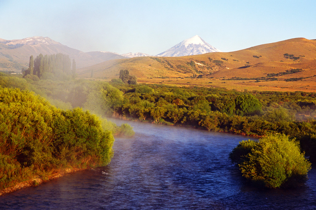 Volcan Lanin with early morning mist on stream - Lake District, Argentina on my 40th Birthday