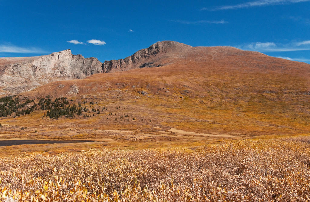 Looking up at Mt Bierstadt, on the right, and the Sawtooth Ridge, to the left